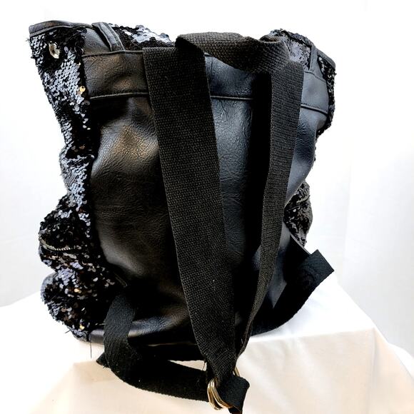Black Sequined Leather Backpack Zippers Rivets Snaps Buckles Large Shiny Wow main image 6
